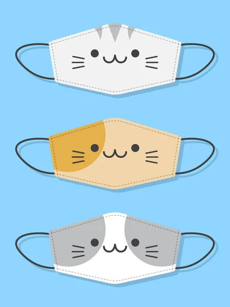 Set Designs Reusable Mouth Kids Funny Masks Cat Faces — Stock Vector