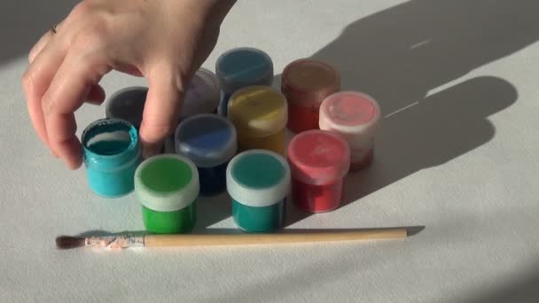 Artist Opens Jars Gouache Acrylic Paint Homework Artist Works Video — Stock Video