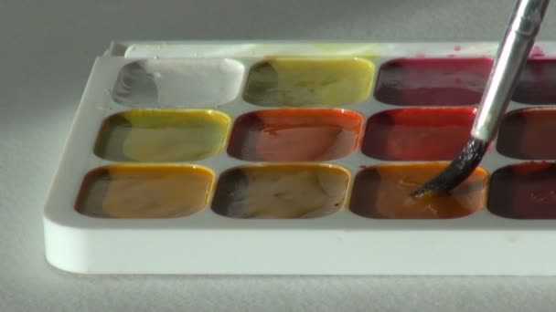 Καφέ χρώμα. κοντινό πλάνο. Καλλιτέχνης λειτουργεί με πινέλο και νερομπογιές pa — Αρχείο Βίντεο
