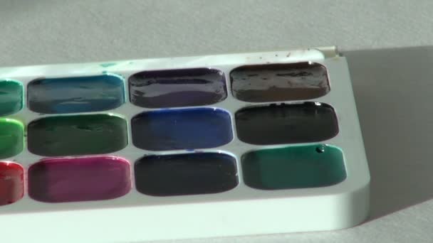 Schwarze dunkle Farbe. Nahaufnahme. Künstler arbeitet mit Pinsel und Aquarell — Stockvideo