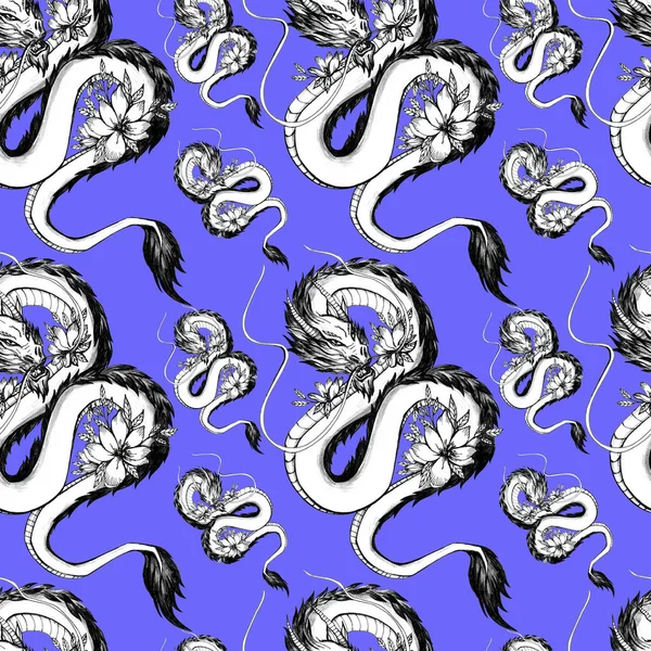 Nahtloses Muster Mit Drachen Auf Blauem Hintergrund — Stockfoto