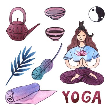 Yoga temalı suluboya seti. Lotus pozisyonunda kedisi olan bir kız..