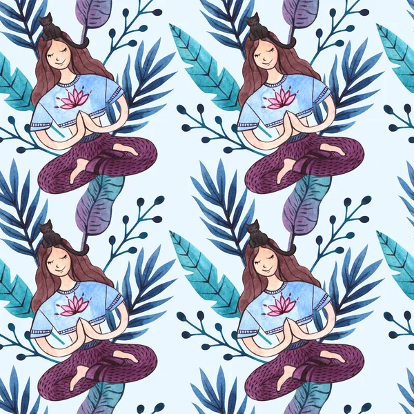 Aquarell Nahtloses Muster Mit Yoga Elementen Mädchen Und Katze — Stockfoto