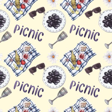 Piknik malzemeleriyle kusursuz suluboya deseni