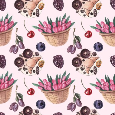 Piknik malzemeleriyle kusursuz suluboya deseni