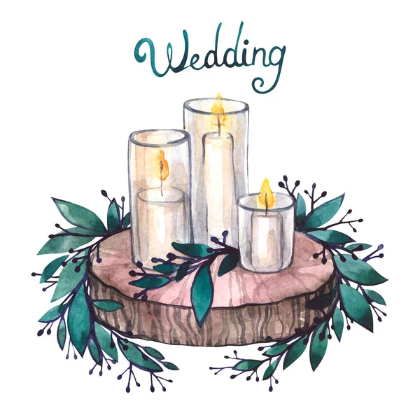 Υδατογραφία Σύνθεση Κεριών Για Ένα Γάμο Κεριά Ξύλινη Βάση Κλαδιά — Φωτογραφία Αρχείου