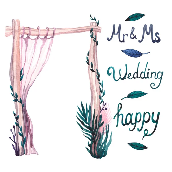 Conjunto Aquarela Com Arco Casamento Inscrições — Fotografia de Stock