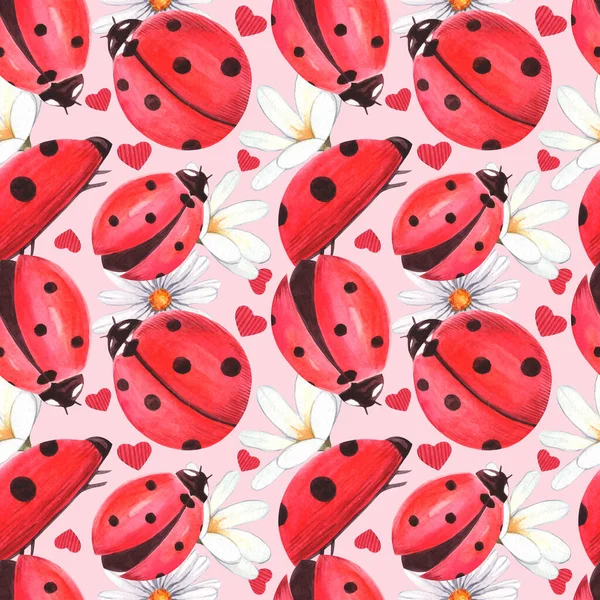 Watercolor seamless pattern with ladybugs. Against the background of daisies, leaves and dew.