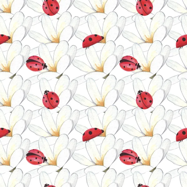 Watercolor seamless pattern with ladybugs. Against the background of daisies, leaves and dew.