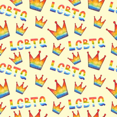 LGBT dikişsiz suluboya deseni. Sarı arka planda gökkuşağı tacı ve harfleri.