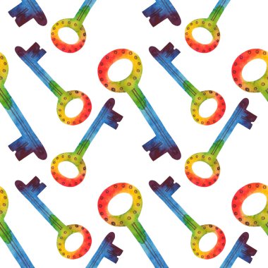 LGBT dikişsiz suluboya deseni. Beyaz arkaplanda gökkuşağı renkli tuşlar.