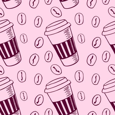 Kağıt bardak ve kahve çekirdekleri ile kusursuz desen.