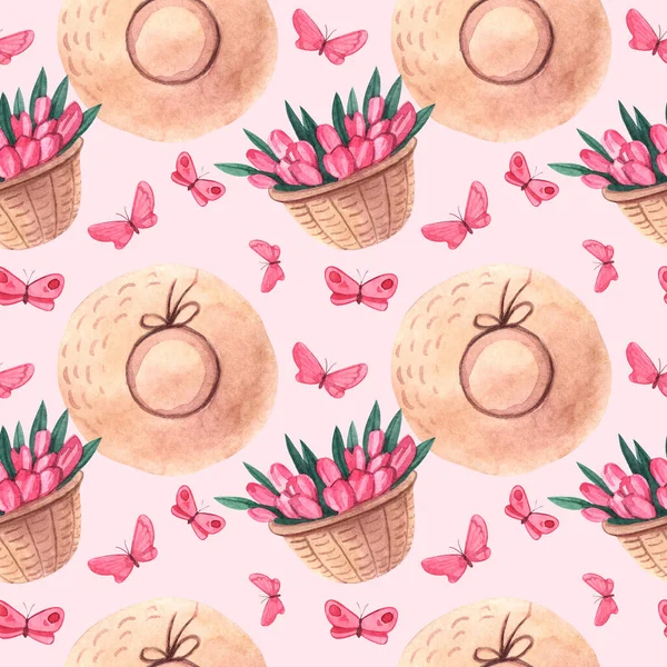 Seamless watercolor pattern with tulips in a basket and hats