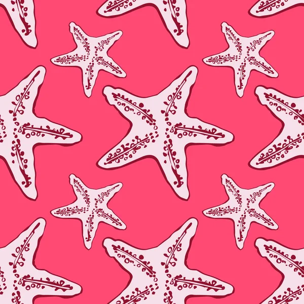 Seamless pattern with starfish on a red background.