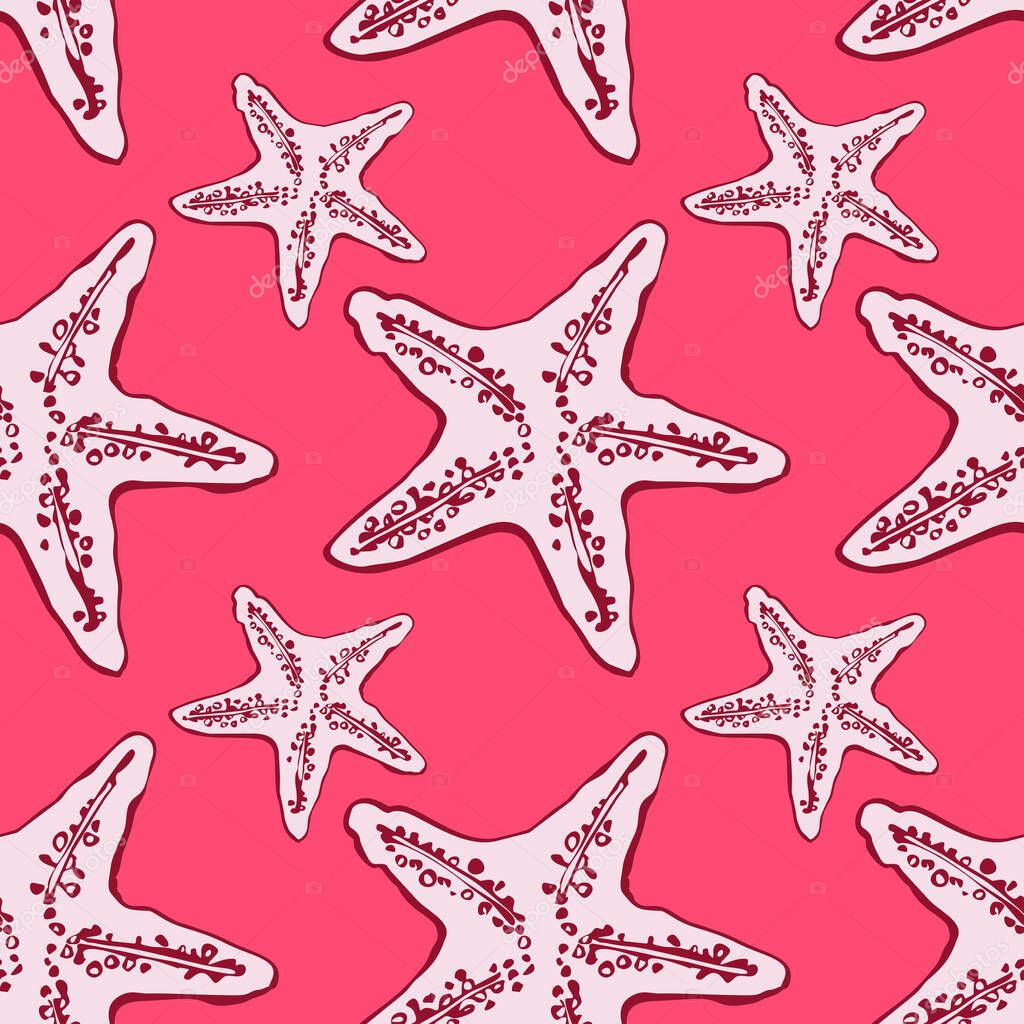 Seamless pattern with starfish on a red background.