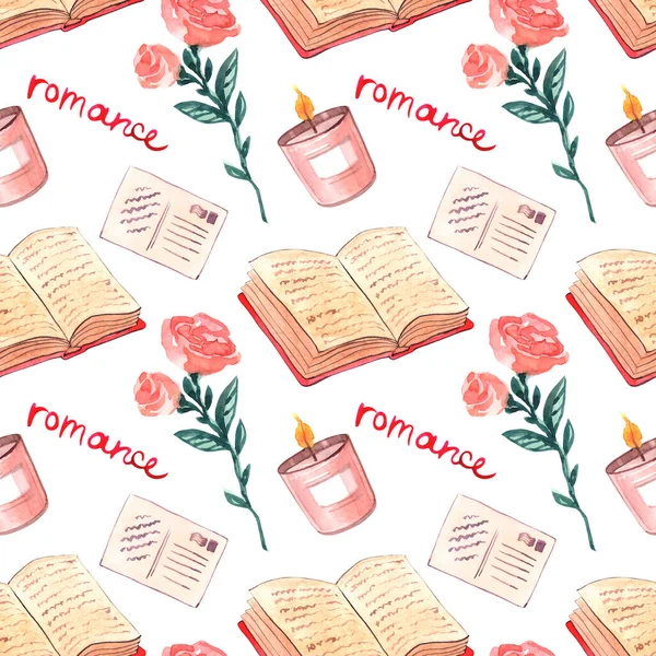 Seamless watercolor pattern with books, roses and candles.