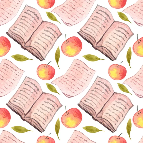 Seamless Watercolor Pattern Books Apples White Background — Stock Photo, Image
