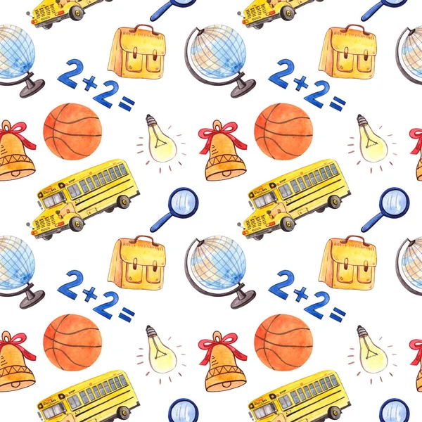 Seamless watercolor pattern with school elements. With school bus, ball, globe and school supplies.