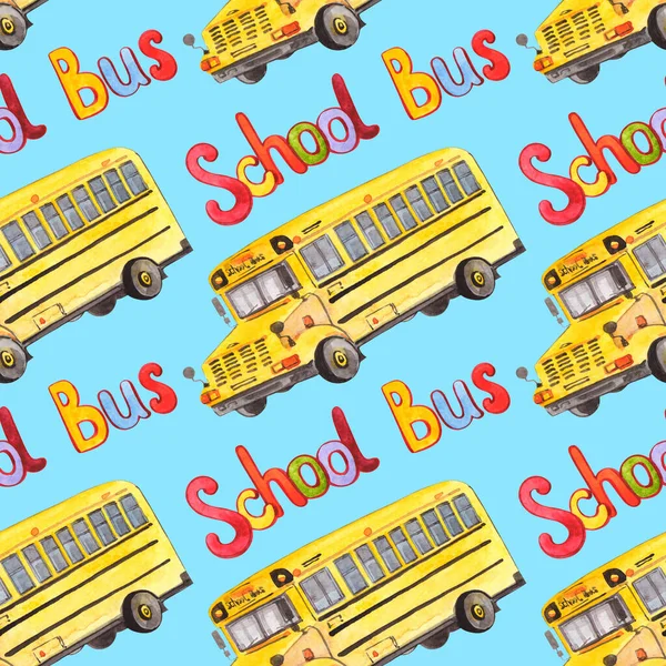 Naadloos Aquarelpatroon Met Gele Schoolbus Een Blauwe Achtergrond — Stockfoto