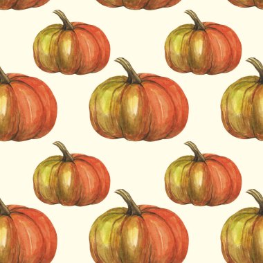 Sarı arka planda turuncu kabaklı sonbahar suluboya deseni.