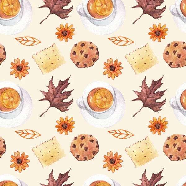 Herbstnahtloses Aquarellmuster Mit Tee Keksen Und Blättern Auf Gelbem Hintergrund — Stockfoto