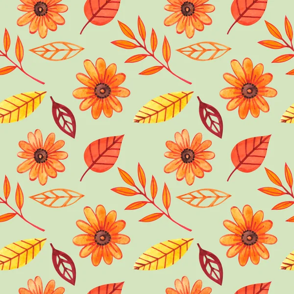 Autumn Seamless Watercolor Pattern Orange Flowers Leaves Green Background — Stock Photo, Image