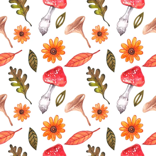 Seamless Watercolor Pattern Forest Mushrooms Leaves Flowers White Background — Stock Photo, Image