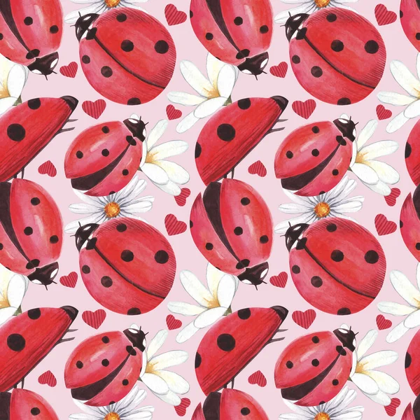 Watercolor seamless pattern with ladybugs. Against the background of daisies, leaves and dew.