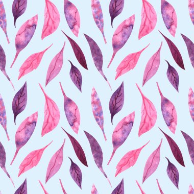 Açık mavi arka planda pembe ve fiolet yapraklı kusursuz suluboya deseni.