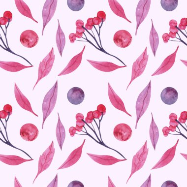 Pembe arka planda viburnum dalları ve kırmızı yaprakları olan kusursuz suluboya deseni..