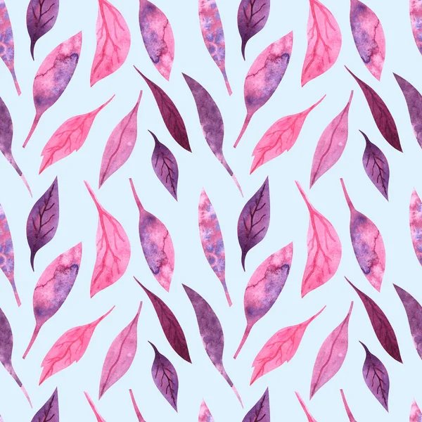 Бесшовный Акварельный Узор Розовыми Фиолетовыми Листьями Голубом Фоне — стоковое фото