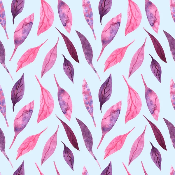 Seamless watercolor pattern with pink and fiolet leaves on a light blue background.