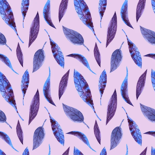 Nahtloses Aquarellmuster Mit Blauen Und Lila Blättern Auf Fliederfarbenem Hintergrund — Stockfoto