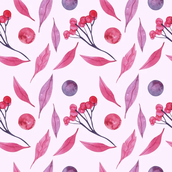 Seamless Watercolor Pattern Viburnum Branches Red Leaves Pink Background — Stock Photo, Image