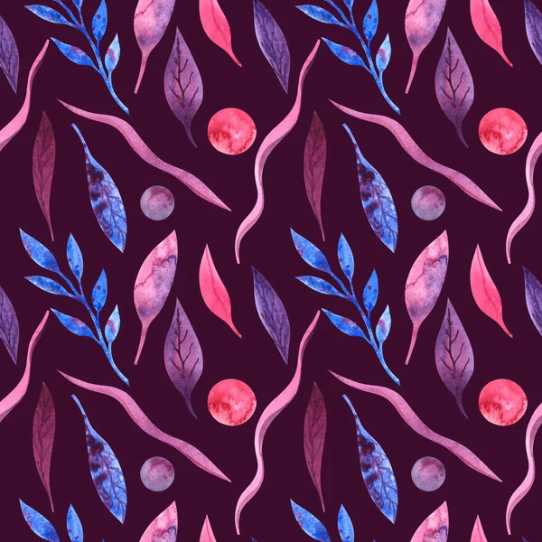 Nahtloses Aquarellmuster Mit Blättern Auf Violettem Hintergrund — Stockfoto