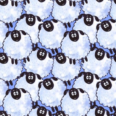 Mavi arka planda komik koyunlu kusursuz suluboya deseni.