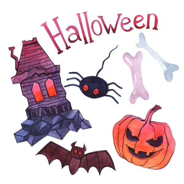 Aquarel Set Voor Halloween Met Huis Spin Vleermuis Belettering Pompoen — Stockfoto