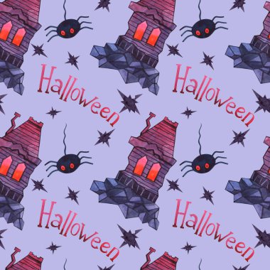 Ürkütücü evleri, örümcekleri ve leylak arkaplanda harfleri olan kusursuz suluboya cadılar bayramı deseni..