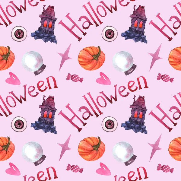 Seamless Watercolor Pattern Halloween Lettering Scary House Ball Pumpkin Eyes — Stock Photo, Image