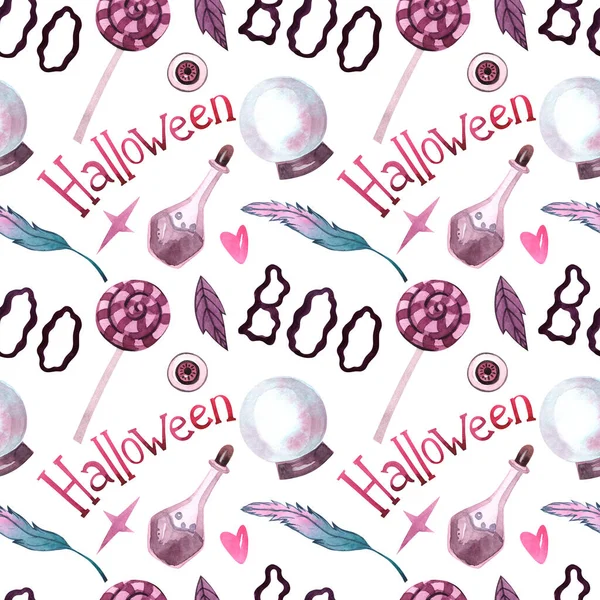 Varrat Nélküli Akvarell Minta Halloween Betűkkel Palackok Léggömbök Tollak Édességek — Stock Fotó