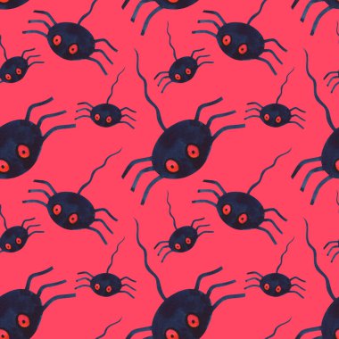 Kırmızı zemin üzerinde örümcekler olan kusursuz suluboya deseni.