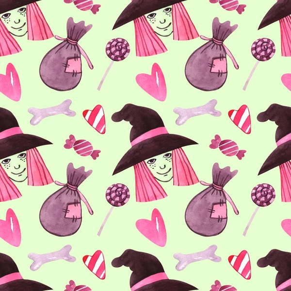 Бесшовный Акварельный Узор Хэллоуин Ведьмами Розовыми Волосами Зелеными Лицами Сумками — стоковое фото