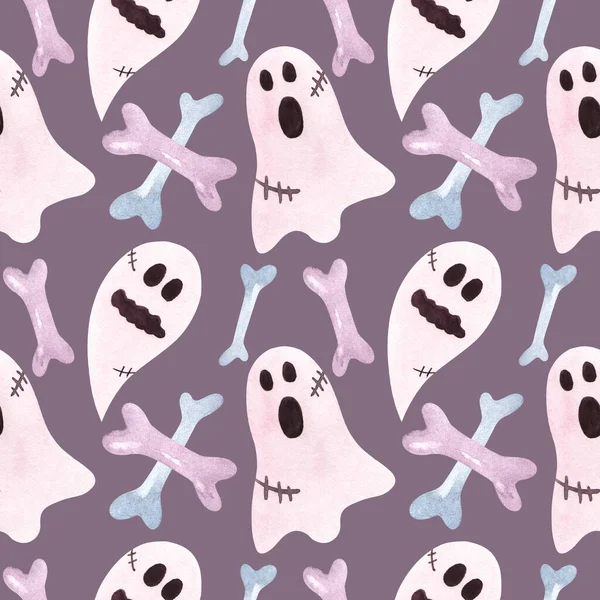 幽霊や骨がグレーとライラックの背景にシームレスな水彩ハロウィンパターン — ストック写真