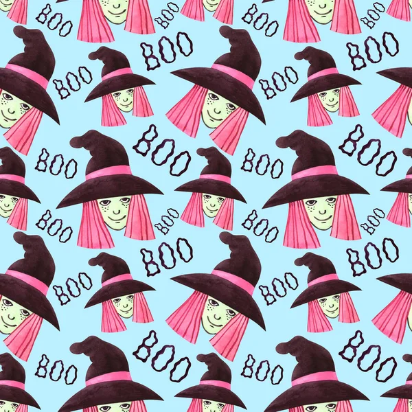 Naadloze Aquarel Patroon Voor Halloween Met Heksen Met Roze Haar — Stockfoto