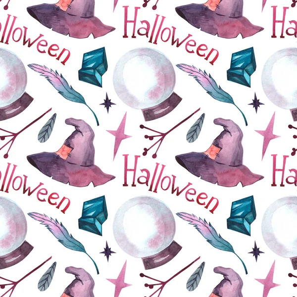 白い背景に魔女の帽子 ボール 結晶やレタリングとハロウィンのためのシームレスな水彩パターン — ストック写真