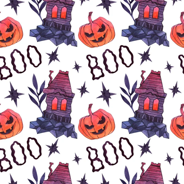 Seamless Watercolor Halloween Pattern Scary House Pumpkin Lettering White Background — Stock Photo, Image