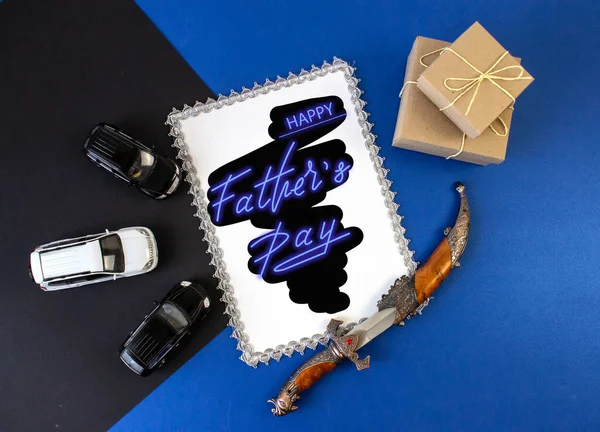 Trend greeting card, online banner on Father\'s Day with a blue neon sign