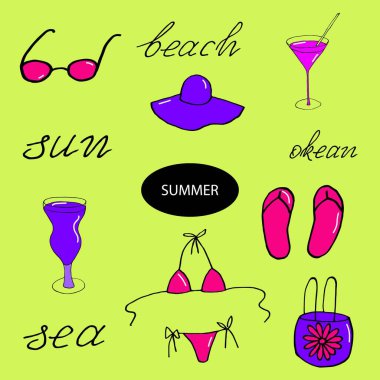 Sahilde ve denizde yaz mevsimi, el çizimi, vektör