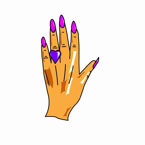 Frauenhand Mit Ring Zeichnung Vektor Isolieren Aufkleber — Stockvektor