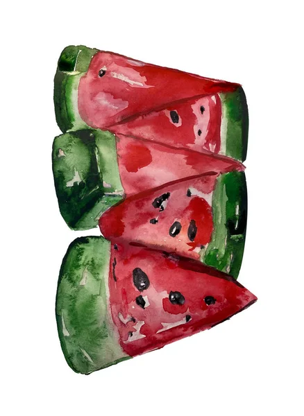 Zeichnung Aquarell Wassermelonenscheiben Auf Weißem Hintergrund — Stockfoto